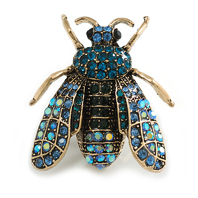 Vintage Inspired Blue/Teal Crystal Fly Brooch in Aged Gold Tone - 45mm Long