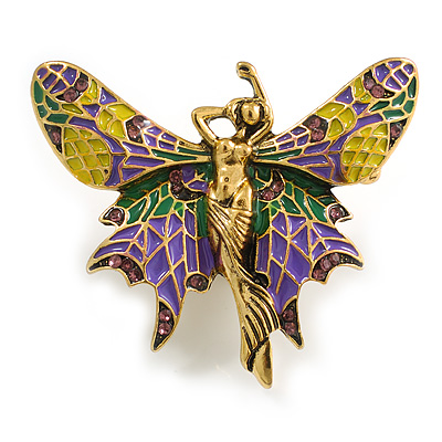 Vintage Inspired Multicoloured Enamel Fairy Brooch In Aged Gold Tone - 45mm Across