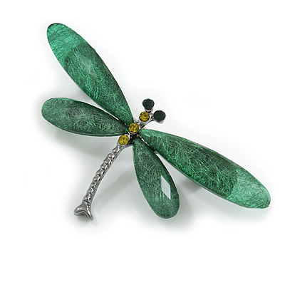Green Resin Dragonfly Brooch in Black Tone - 70mm Across