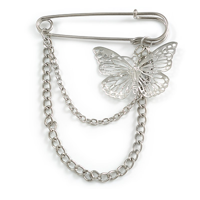 Polished Silver Tone Safety Pin Brooch With Double Chain and Butterfly Charm - 60mm Across