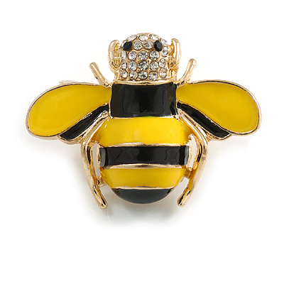 Yellow/ Black Enamel Clear Crystal Bee Brooch in Gold Tone - 35mm Across - main view