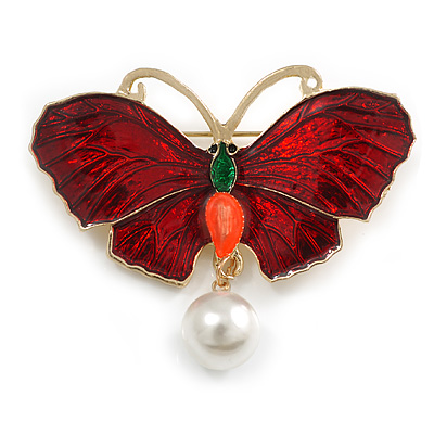 Red Enamel with Pearl Bead Butterfly Brooch in Gold Tone - 50mm Across - main view