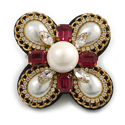 Vintage Inspired Crystal/ Pearl Bead and Chain Brooch/Hair Clip in White/Clear/Magenta - 60mm Across