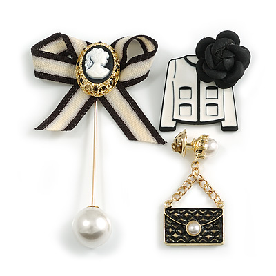 3 Pcs Romantic Black/White Enamel Jacket Bow, Bag, Cameo Brooch Set for Clothes/ Bags/Backpacks/Jackets - main view