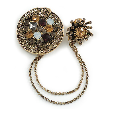 Victorian Style Round Crystal Double Chain Brooch In Aged Gold Tone Finish/Grey/Amber/Milky White - main view