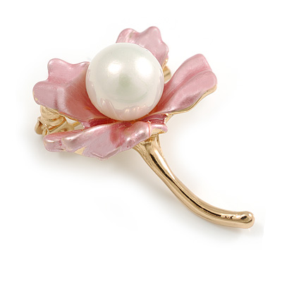 Small Light Pink Enamel with Pearl Calla Lily Brooch in Gold Tone - 30mm Tall - main view