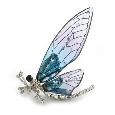 Glittering Blue/Purple Resin Bead Crystal Butterfly Brooch in Silver Tone - 60mm Tall - main view