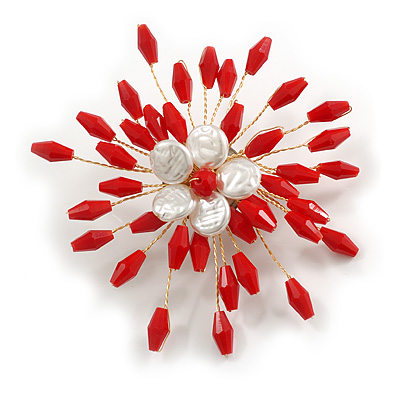 Large Asymmetrical Layered White Freshwater Pearl/Red Glass Bead Floral Brooch In Gold Tone/90mm Across/Handmade