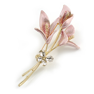 Pastel Pink Enamel Calla Lily Floral Brooch in Gold Tone - 60mm Long - main view