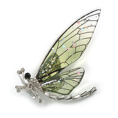 Glittering Green Resin Bead Crystal Butterfly Brooch in Silver Tone - 60mm Tall - main view