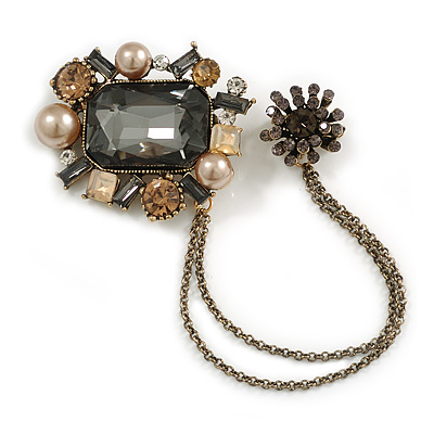 Victorian Style Square Crystal Pearl Double Chain Brooch In Aged Gold Tone Finish/ Grey/Caramel/Citrine - main view