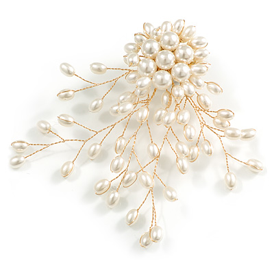 Large Asymmetrical Layered White Faux Pearl Floral Brooch In Gold Tone/90mm Across/Handmade - main view
