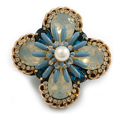 Vintage Inspired Crystal/ Pearl Bead and Chain Cross Brooch/Hair Clip in White/Clear/Blue/Milky White - 55mm Across - main view