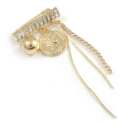 Stylish Crystal Chain Charm Brooch in Gold Tone - 30mm Wide - main view