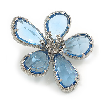 Light Blue Asymmetric Flower Brooch in Silver Tone - 40mm Across - main view