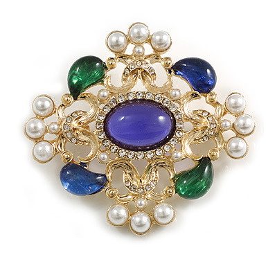 Vintage Inspired Clear Crystal/ Green/Blue Resin Bead/White Faux Pearl Diamond Shape Brooch/Pendant In Gold Tone - 60mm Across - main view
