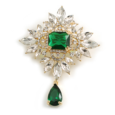 Statement Victorian Style Green/Clear Austrian Crystal Charm Brooch/Pendant in Gold Tone - 55mm Drop - main view