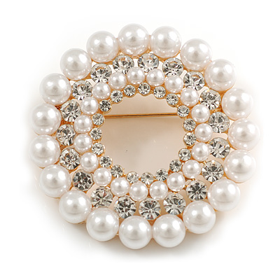 White Faux Pearl Clear Crystal Wreath Brooch In Gold Tone - 40mm Diameter - main view