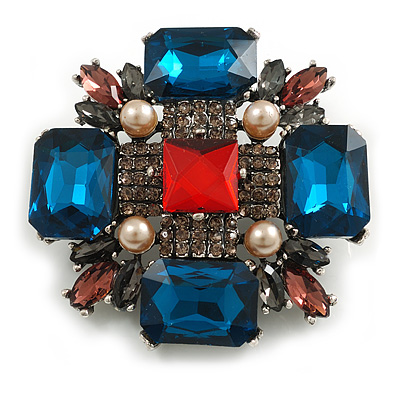 Victorian Style Multicoloured Glass Bead Cross Brooch/Pendant in Aged Silver Tone - 55mm Tall - main view
