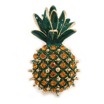Vintage Inspired Orange Crystal Green Enamel Pineapple Brooch in Gold Tone - 50mm Tall
