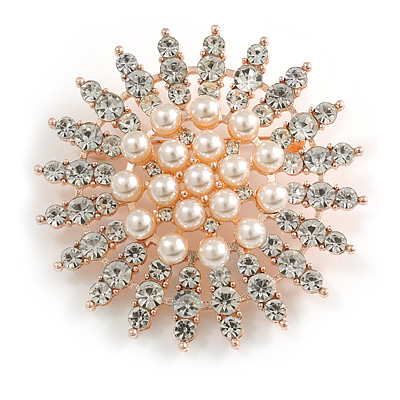 Statement Clear Crystal Cream Faux Pearl Star Brooch in Gold Tone - 55mm Diameter - main view