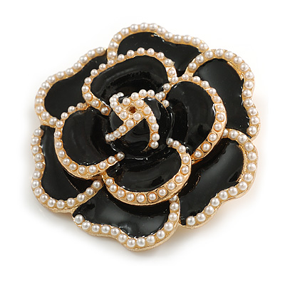 45mm Across/ Black Enamel with Faux Pearl Layered Rose Brooch in Gold Tone - main view