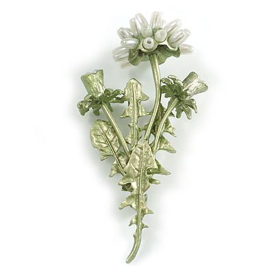 White Acrylic Bead Green Enamel Bristle Thistle Floral Brooch - 70mm Tall - main view