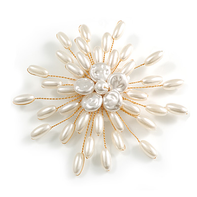 Large Asymmetrical Layered White Faux/Freshwater Pearl Floral Brooch In Gold Tone/90mm Across/Handmade - main view