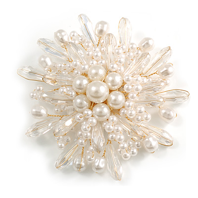 Statement Layered White Faux Pearl and Transparent Acrylic Bead Floral Brooch In Gold Tone/75mm Across/Handmade - main view