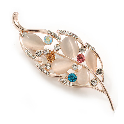 Neutral Faux Cat Eye Stone Multicoloured Crystal Leaf Brooch In Gold Tone Metal - 65mm Long - main view