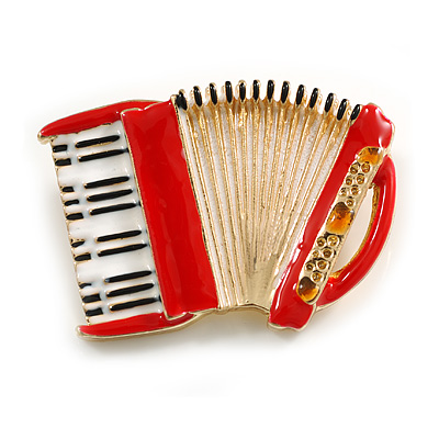Red/White/Black Enamel Accordion Brooch In Gold Tone - 40mm Across - main view