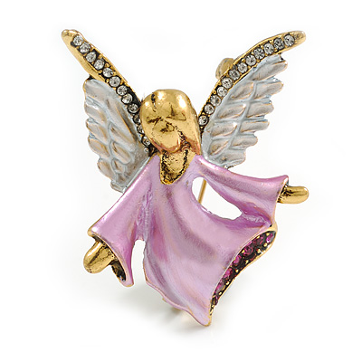 Vintage Inspired Crystal Pink/White Enamel Angel Brooch in Aged Gold Tone - 40mm Tall - main view