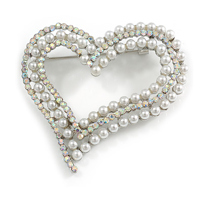 AB Crystal White Faux Pearl Assymetrical Open Large Heart Brooch In Silver Tone - 55mm - main view