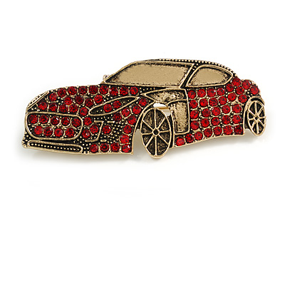 Vintage Inspired Red Crystal Racing Car Brooch in Gold Tone - 55mm Across - main view