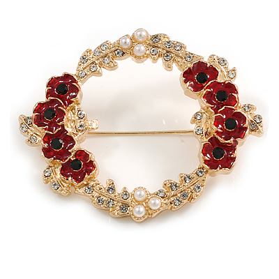 Red Enamel Poppy Crystal Pearl Wreath Brooch in Gold Tone - 50mm Across - main view
