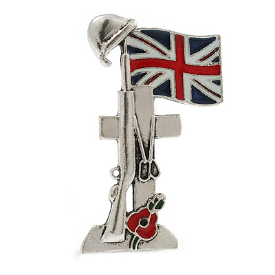 Union Jack Flag Brooch in Aged Silver Tone