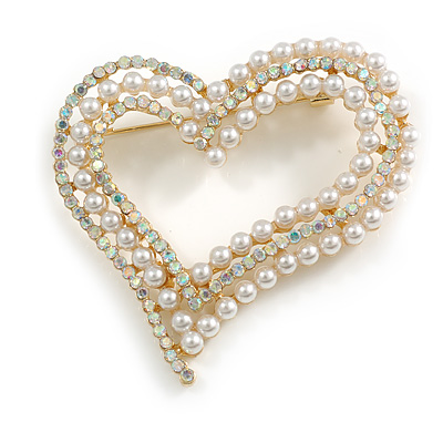 AB Crystal White Faux Pearl Assymetrical Open Large Heart Brooch In Gold Tone - 55mm Across - main view