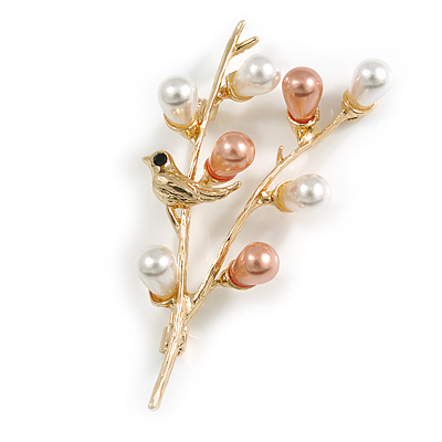 White/Brown Faux Pearl Floral Brooch in Gold Tone - 60mm Tall - main view