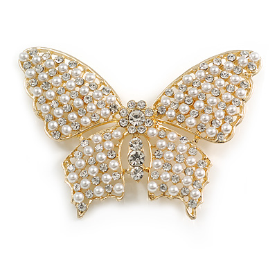 Large Faux Pearl Bead Clear Crystal Butterfly Brooch in Gold Tone - 70mm Across - main view