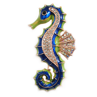 Bright Green/ Blue Enamel Crystal Seahorse Brooch/ Pendant in Gold Tone Metal - 55mm Tall - main view