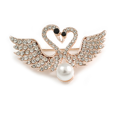 Romantic Crystal Two Swans in Rose Gold Tone Brooch - 45mm Across