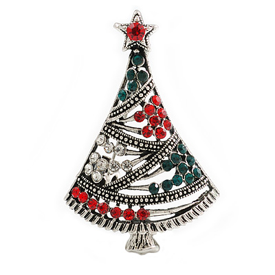 Holly Jolly Red/Green/Clear Crystals Christmas Tree Brooch In Aged Silver Tone - 45mm Tall - main view