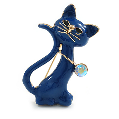 Lucky Blue Enamel Cat Brooch in Gold Tone - 50mm Tall - main view