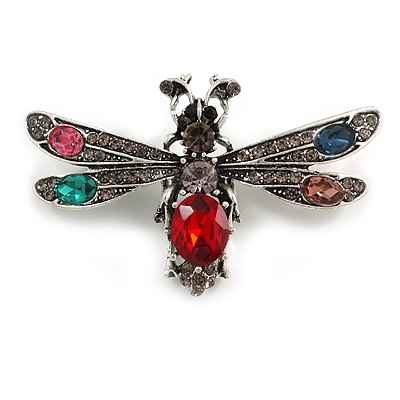 Funky Multicoloured Crystal Fly Insect Brooch in Aged Silver Tone - 50mm Across