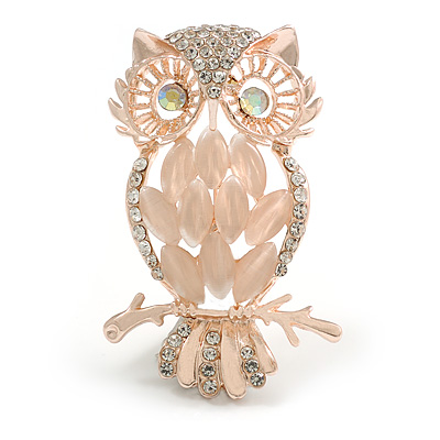 Peach Pink Acrylic Bead Clear Crystal Owl Brooch in Rose Gold Tone - 55mm Tall - main view