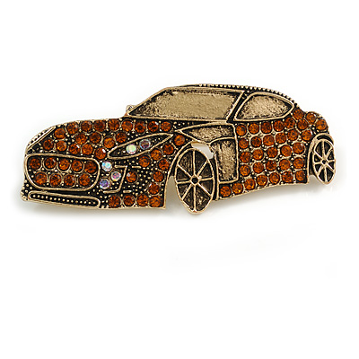 Vintage Inspired Topaz Coloured Crystal Racing Car Brooch in Gold Tone - 55mm Across - main view