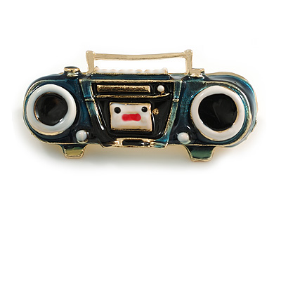 Retro Style Tape Recorder Quirky Brooch in Gold Tone - 40mm Across - main view