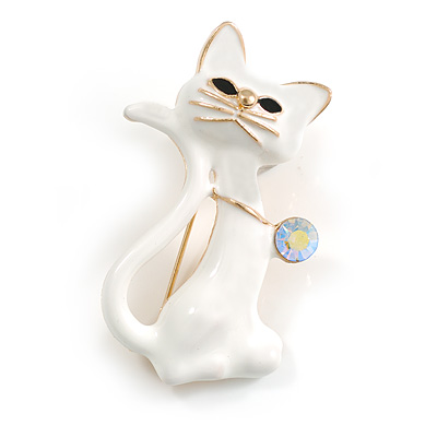 White Enamel Cat Brooch in Gold Tone - 50mm Tall - main view