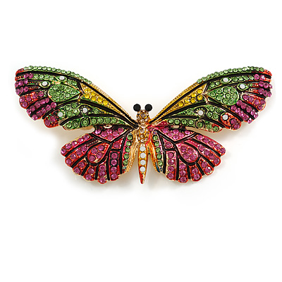 Large Multicoloured Crystal Butterfly Brooch In Gold Tone - 80mm Across - main view