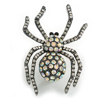 Ab/ Clear Spider Brooch in Aged Silver Tone - 50mm Tall